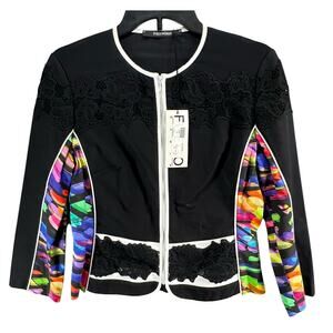 Fuego Woman Jacket Womens 8 Black Multicolor Mixed Media Full Zip Artsy Chic NEW